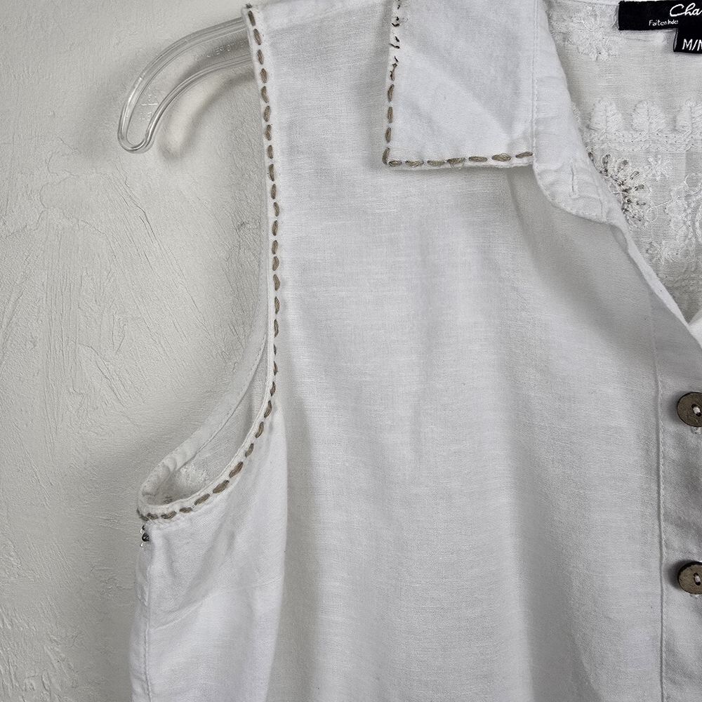 Charlie B Cottagecore Coastal Sleeveless Button Down Embroiderd Beads Blouse M - Picture 7 of 12